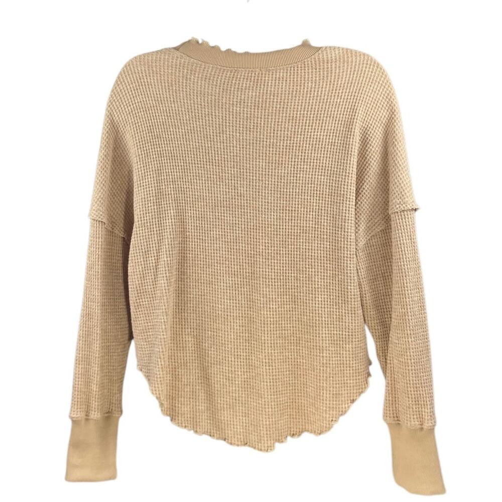Umgee Women's Light Beige Waffle Knit Long Sleeve Ruffle Neck Pullover Sweater S - Picture 2 of 7
